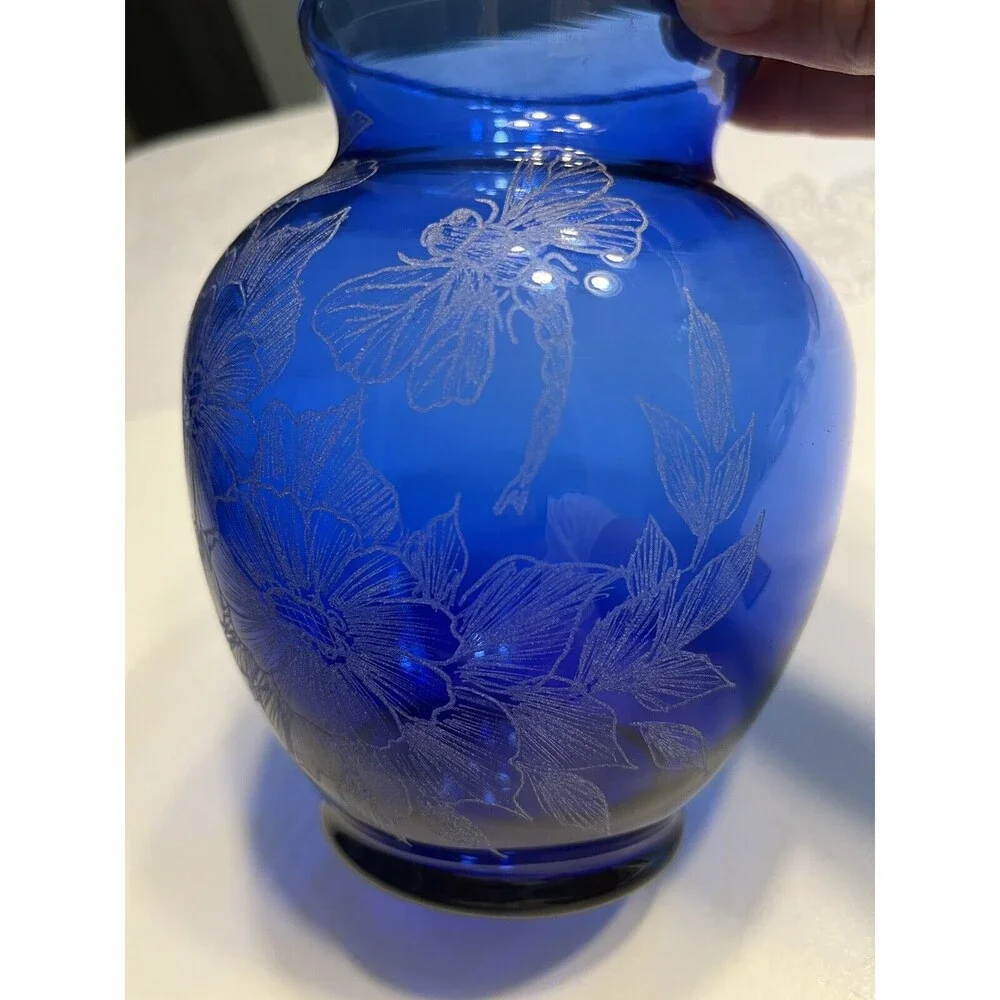 Hand Painted Floral Dragonfly Blue Glass Vase Artist Signed S Conrad
